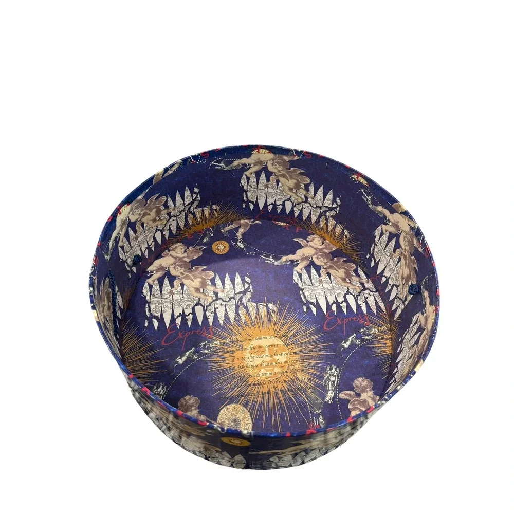 Vintage 90s Celestial Round Hat Box Cherub Zodiac Sun Moon Decorative Storage